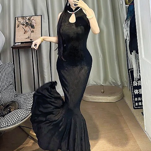 【步步生花旗袍版】改良新中式挖肩水滴领挂脖旗袍弹力大码步步生莲