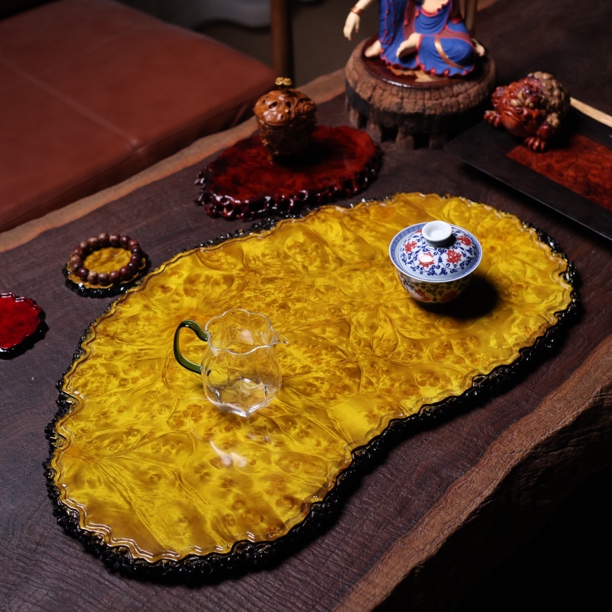 63-36-1.7黄金樟茶盘家用干泡大号雕刻满榴花整块实木缅花金丝楠