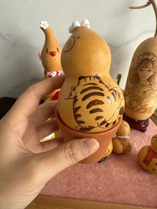 手工烙画精品葫芦 可爱猫 礼物装饰 治愈摆件 文玩 带底座 包邮 