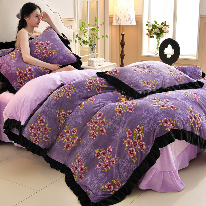 2025新款法式韩版加厚牛奶绒花边四件套 被套床单双面绒 床上用品