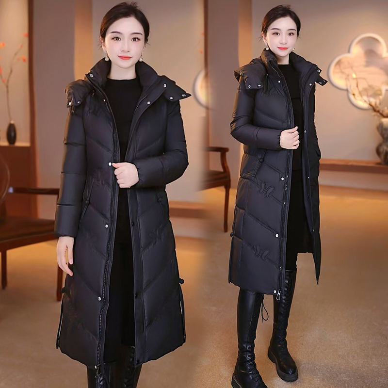 保暖长款显瘦时尚中年冬季可拆卸帽中长款羽绒棉服女装高端棉衣