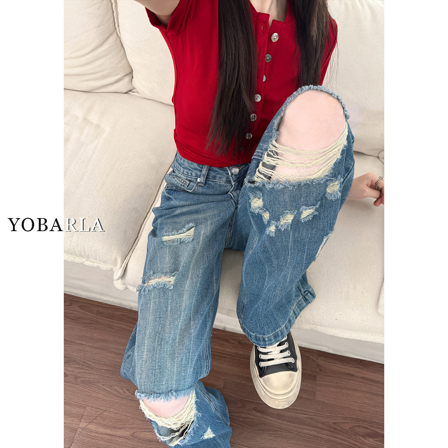 美式破洞牛仔裤女高腰秋季新款大码胖mm梨形身材显瘦宽松阔腿裤子
