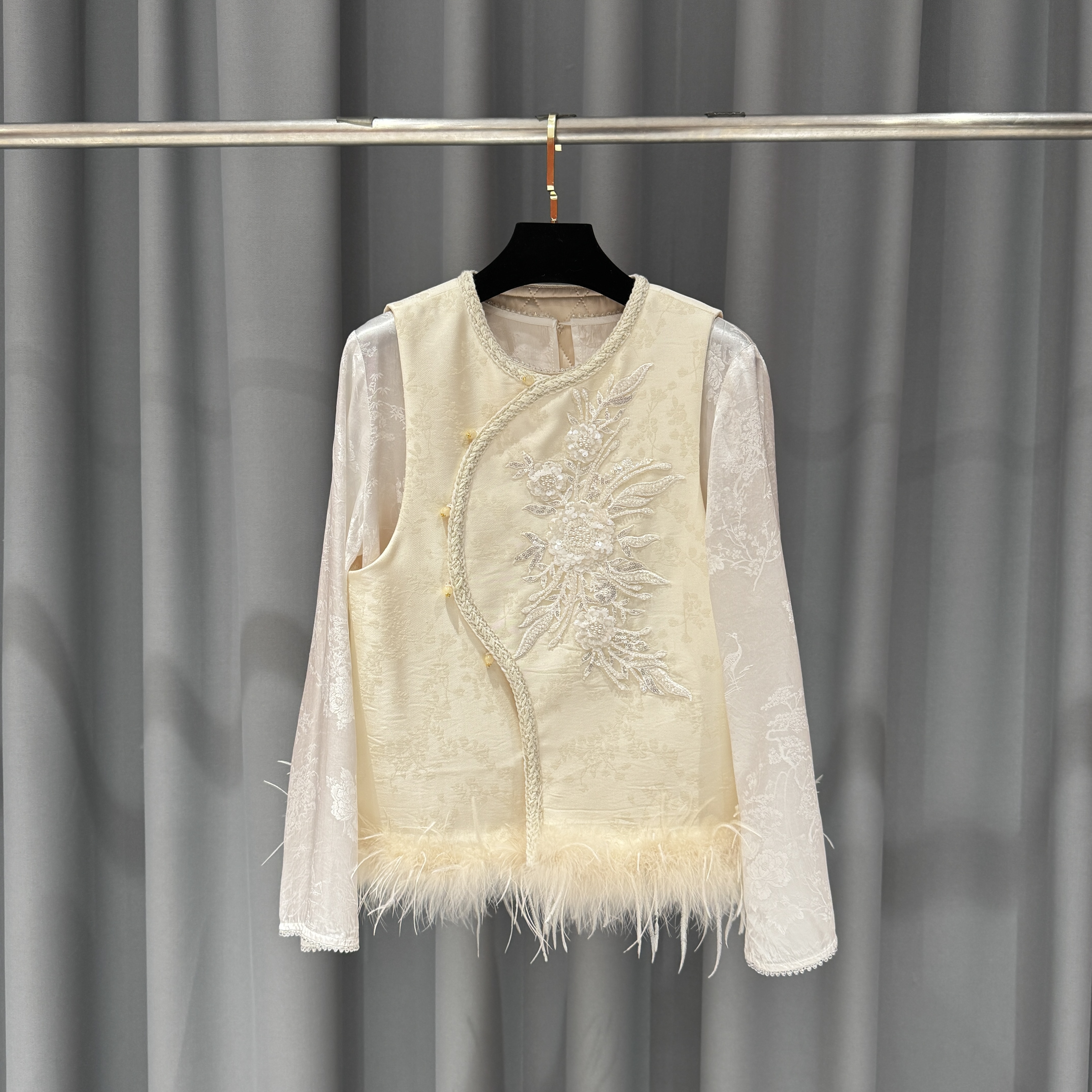 马甲鸵鸟毛气质时尚新中式复古中国风提花绣花