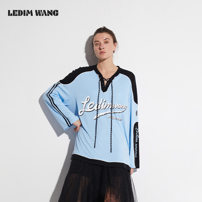 LEDIM WANG红标/美式印花绑带T恤女2025新款蓝色长袖防晒上衣