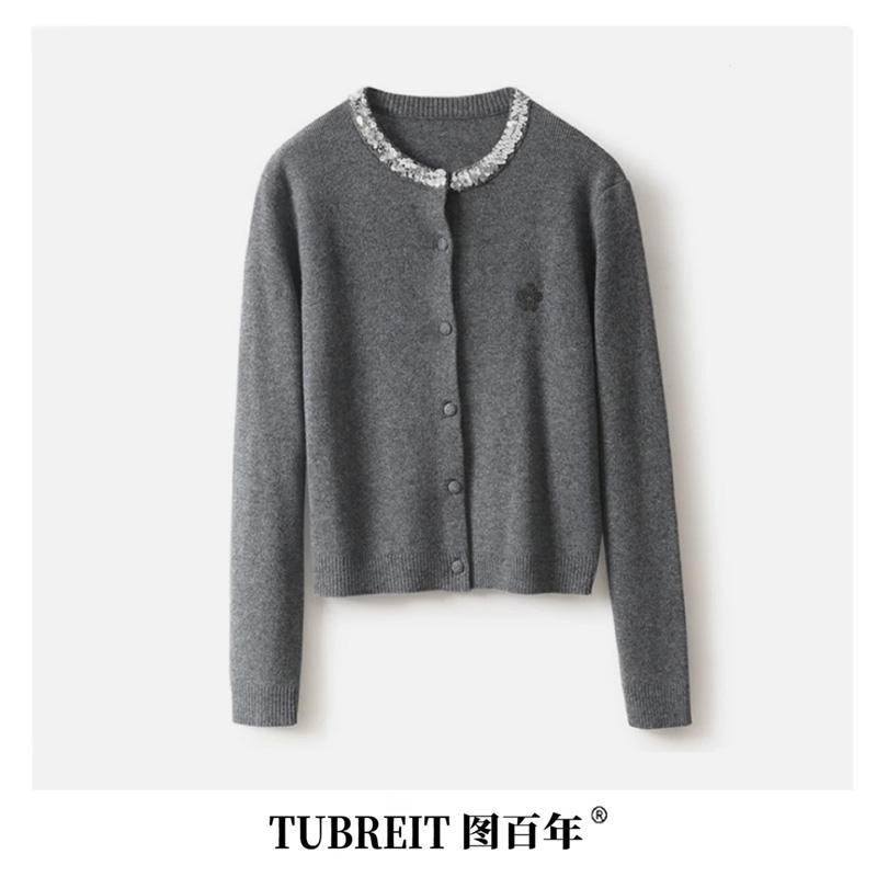 TUBREIT/图百年秋冬韩版圆领刺绣钉珠针织长袖开衫毛衣时尚百搭
