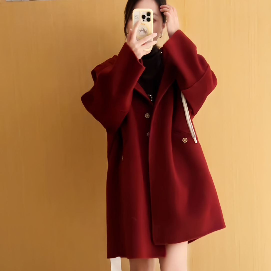 【暖调】羊绒中长款抽绳连帽大衣H859