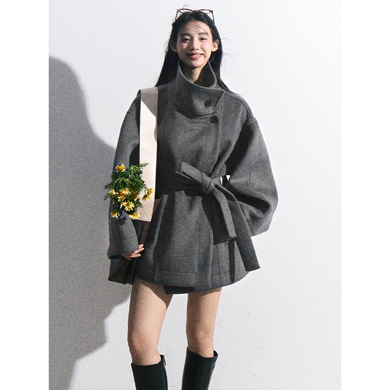 立领收腰短款毛呢外套女2025秋冬加厚小个子系带廓形显瘦呢子大衣