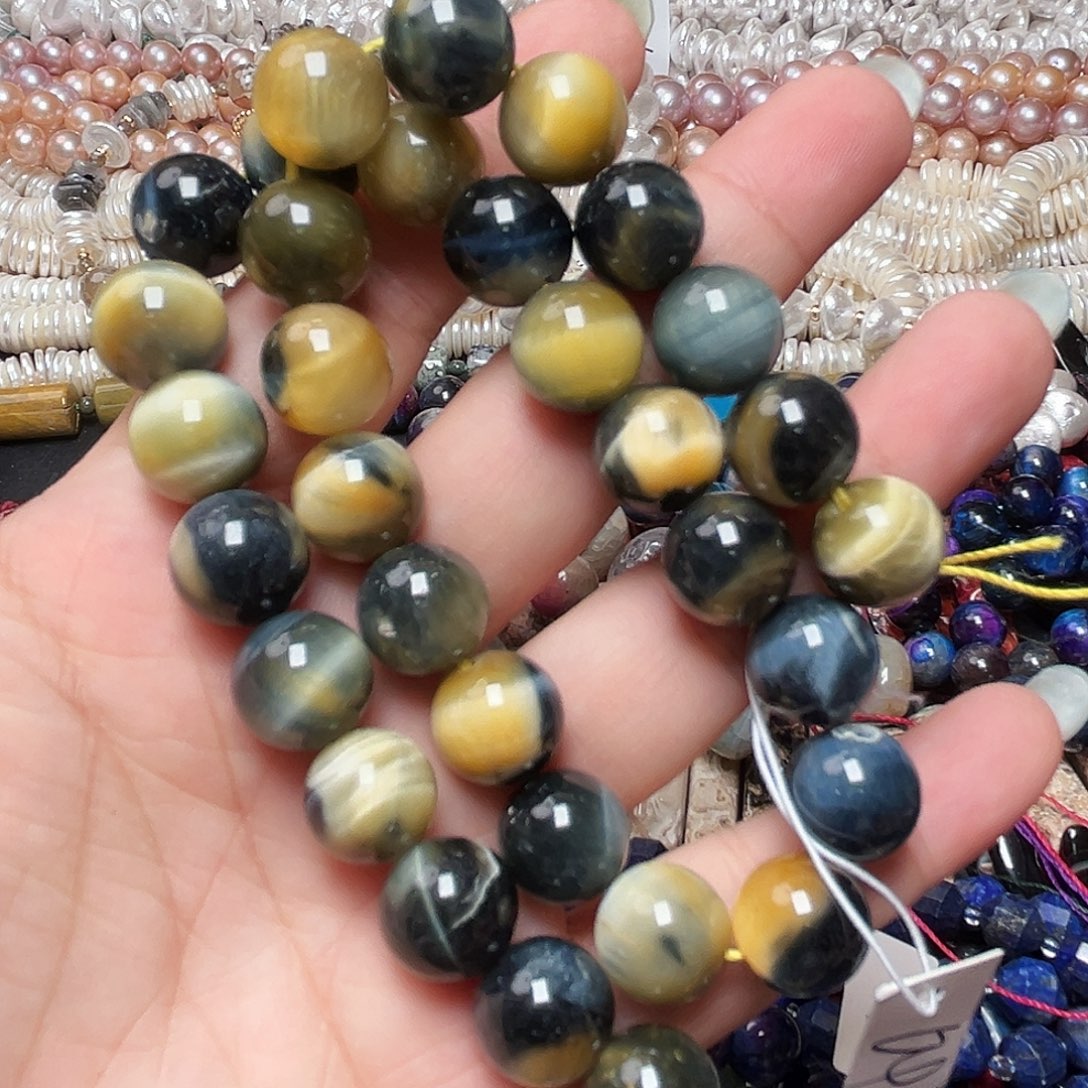 玛瑙/玉髓未镶嵌珠宝半成品K434. 黄蓝虎眼石一条12mm