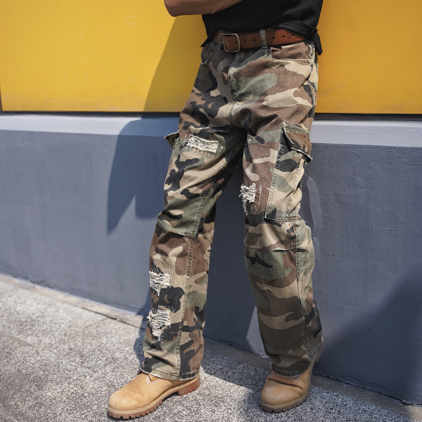 GUNCHILL军潮复古迷彩破洞工装裤男秋季都市硬核宽松休闲直筒长裤