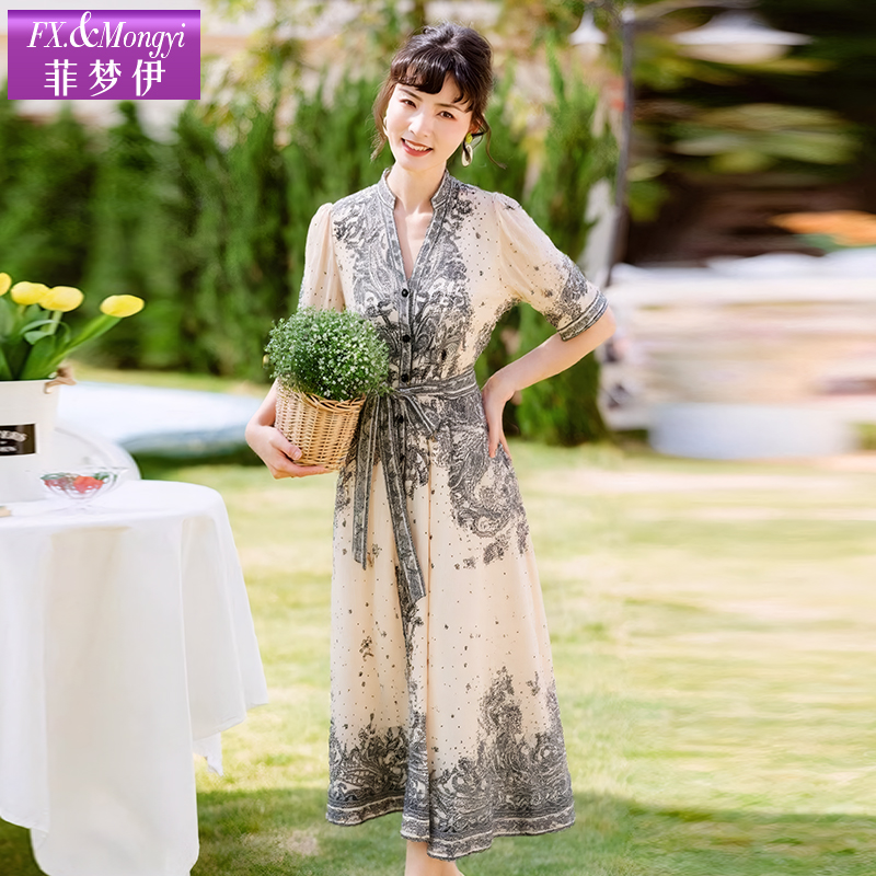 菲梦伊亚麻桑蚕丝水墨画印花连衣裙女夏装民族风收腰裙子65890