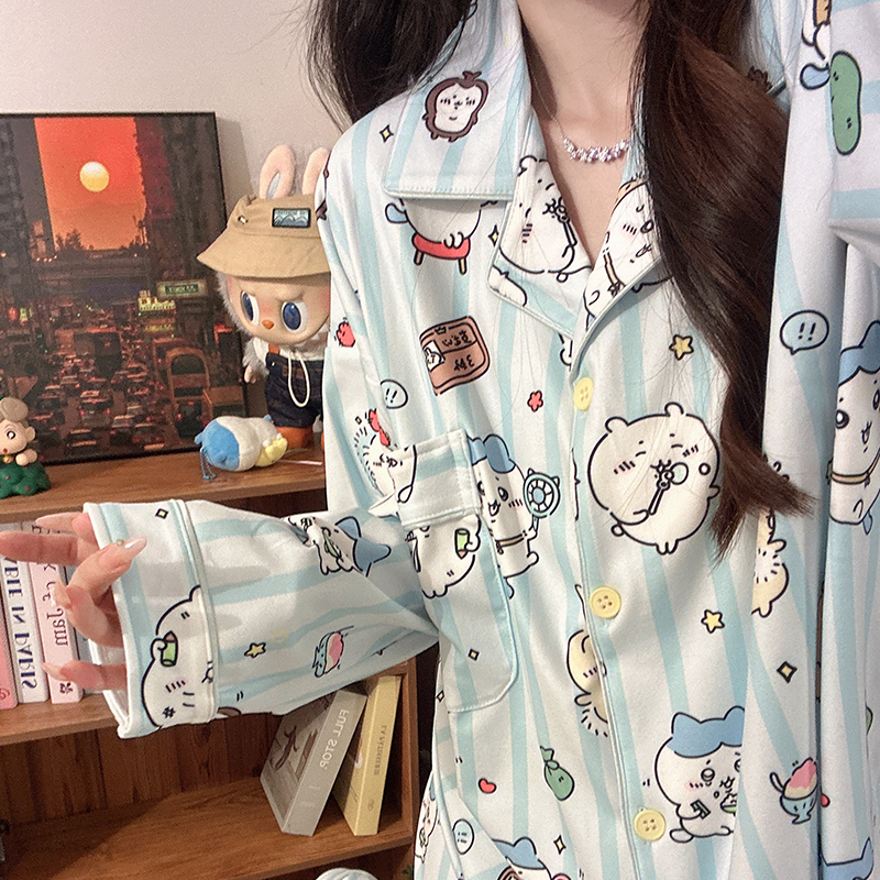德绒蓝条吉伊卡哇睡衣女生秋冬季长袖长裤甜妹加厚保暖家居服套装