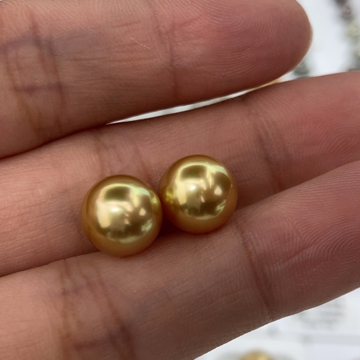 裸珠海水珍珠未镶嵌9-10mm浓金金绿色小极光对珠