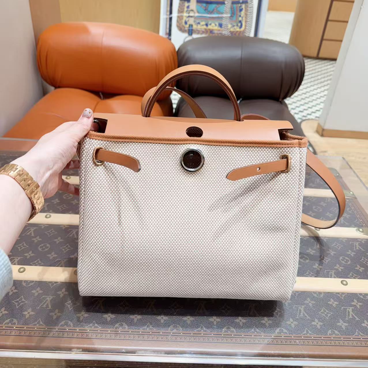 99新 Hermes/爱马仕 herbag31 金棕拼米色华夫格帆布手提肩背包 