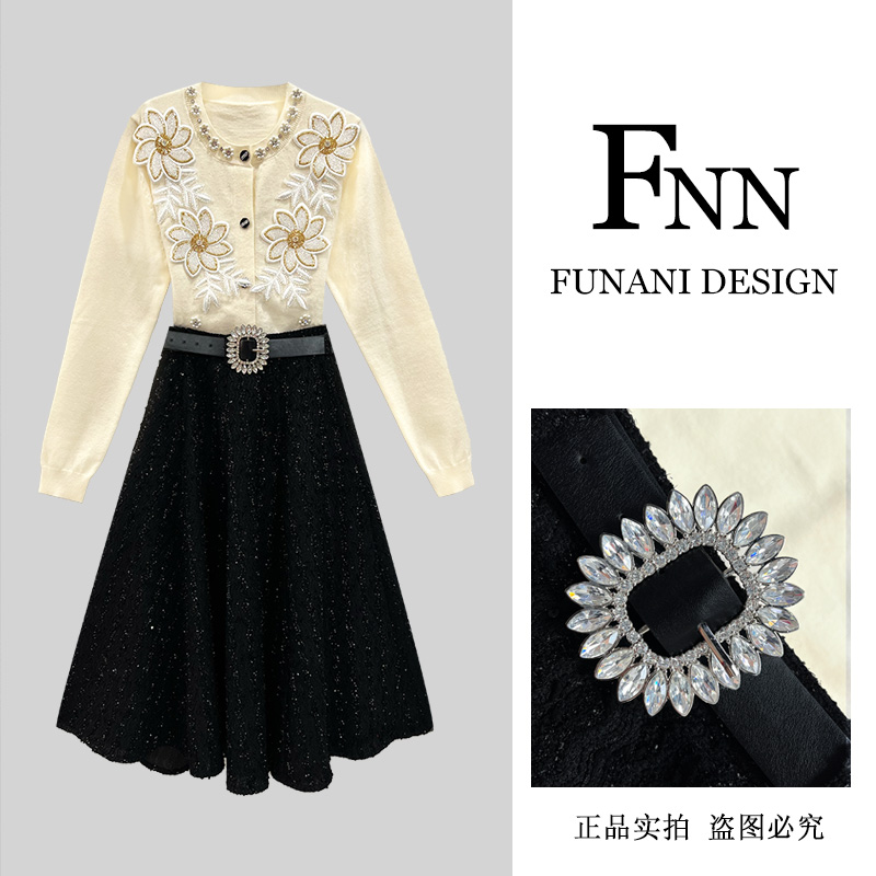 芙娜妮法式针织衫圆领设计感长袖秋季半身裙气质女两件套F2431843