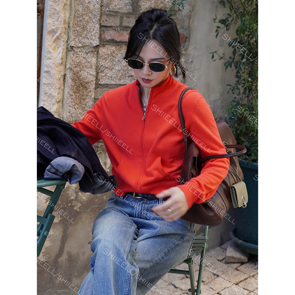 SHIIEELL休闲时尚百搭松弛感高密棉纱高领气质拉链针织开衫ZT470