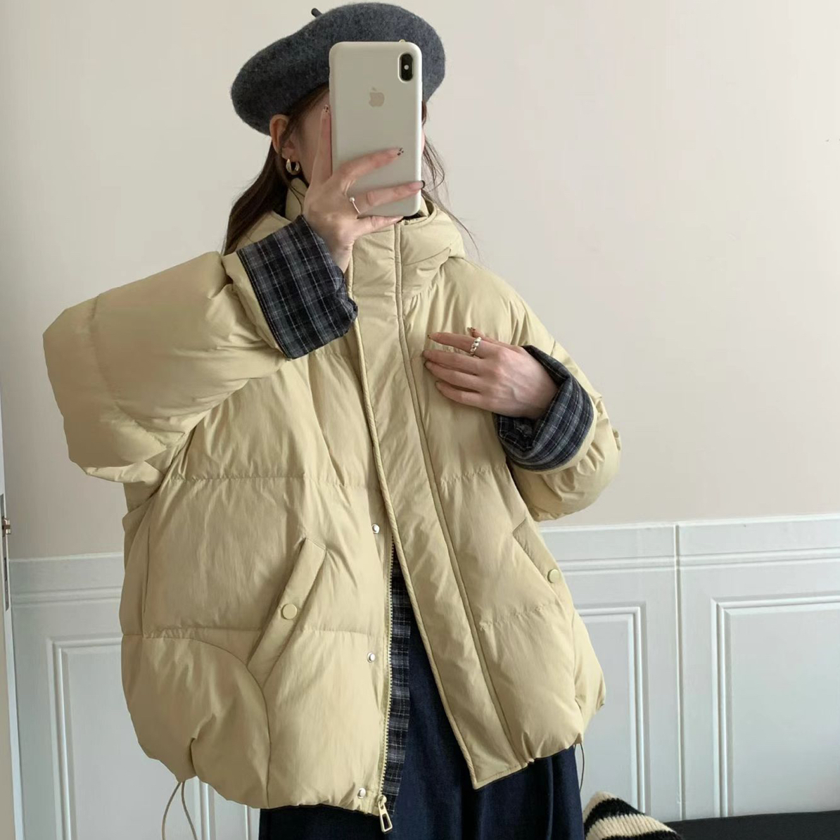 【韩系拼接格子】白鸭绒羽绒服