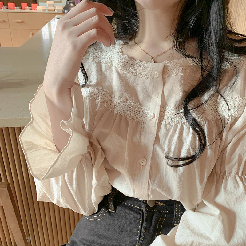 2025春秋复古小众轻熟风方领蕾丝花边小个子打底衫上衣长袖衬衫女