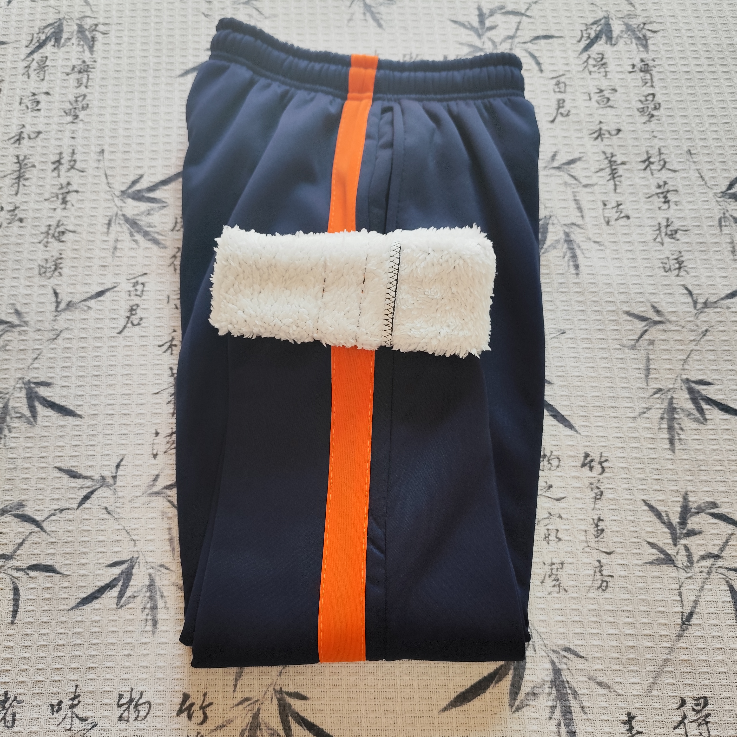 直筒裤保暖宽杠橙条学生校服裤冬季加绒加厚男女运动校裤