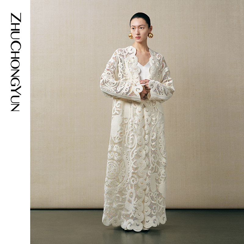 ZHUCHONGYUN2025秋新款编织绣花长款外套垂感廓形C1FZ32318