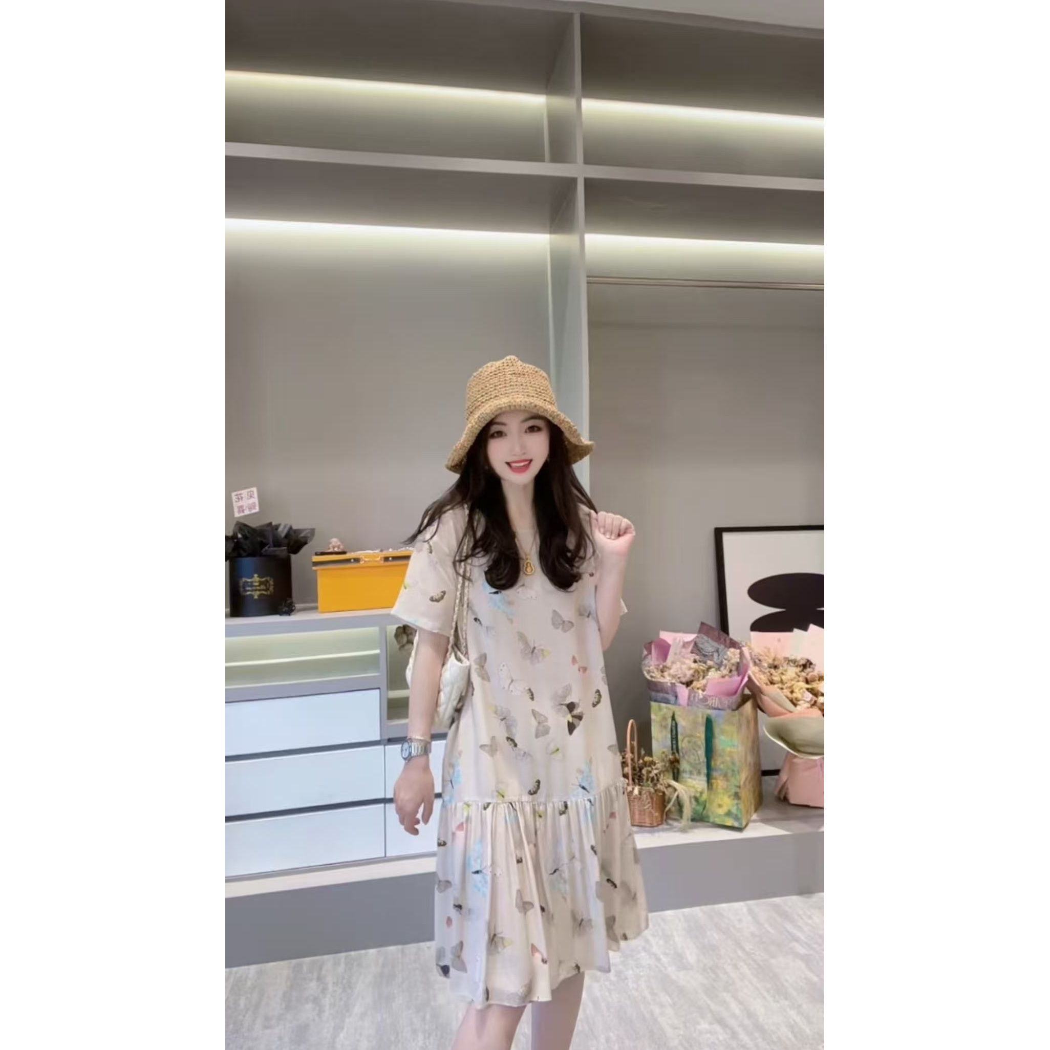 【多彩蝴蝶】CHUN家气质轻奢时尚夏季设计师桑蚕丝连衣裙