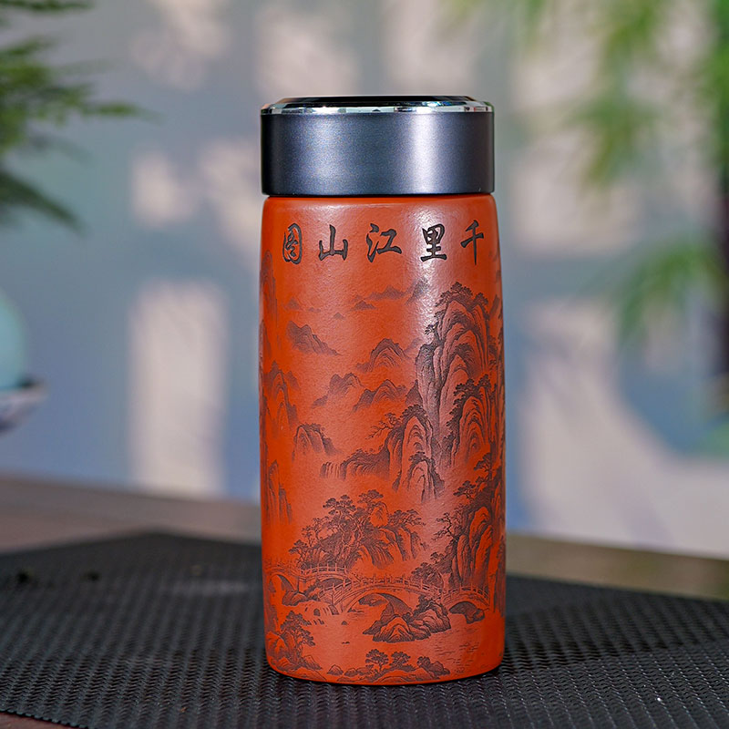 双层朱泥千里江山直身杯紫砂杯便携杯原矿紫砂主人杯手工杯茶道