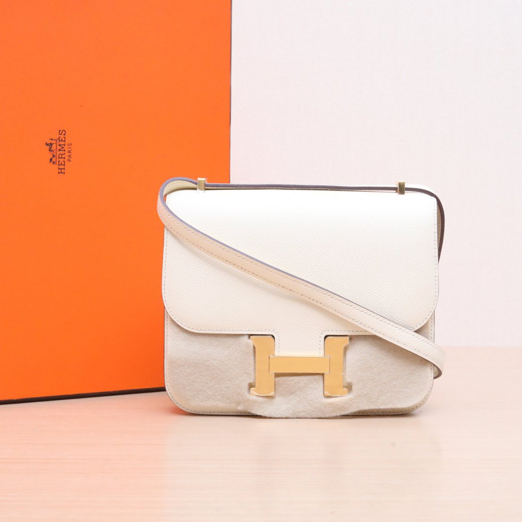 95新 Hermes/爱马仕 小花Jerry 康康 19 奶油白 Epsom皮 U刻 金扣