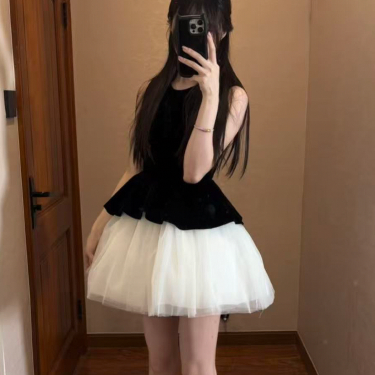 芭蕾风拼接网纱蓬蓬裙连衣裙黑色生日裙衬衫Lolita