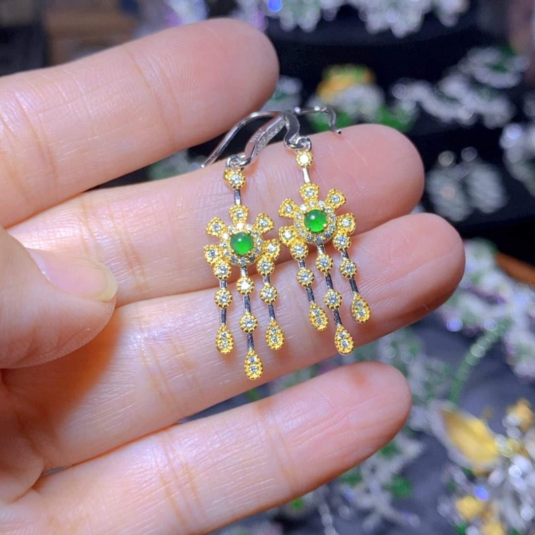 翡翠耳饰银S925镶嵌天然翡翠