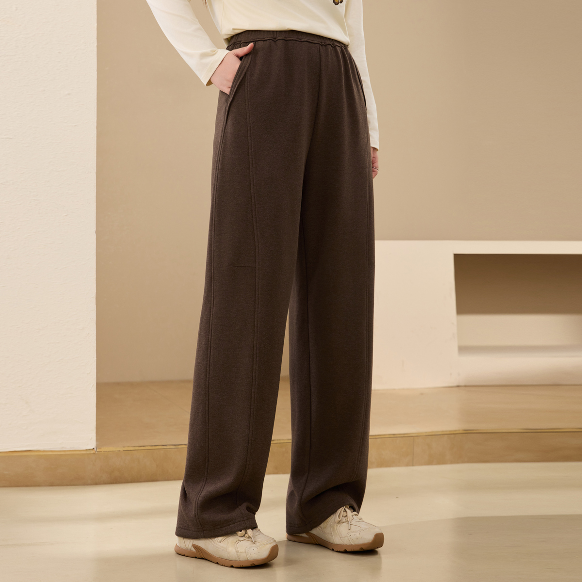 【毛呢阔腿裤】纤莉秀大码女装流光风松紧腰垂感休闲糯米裤QK3500