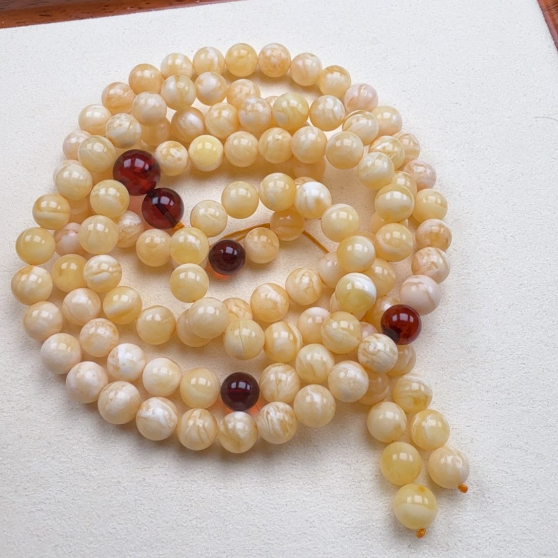 手串蜜蜡未镶嵌8+俄料白蜡虎皮纹108佛珠