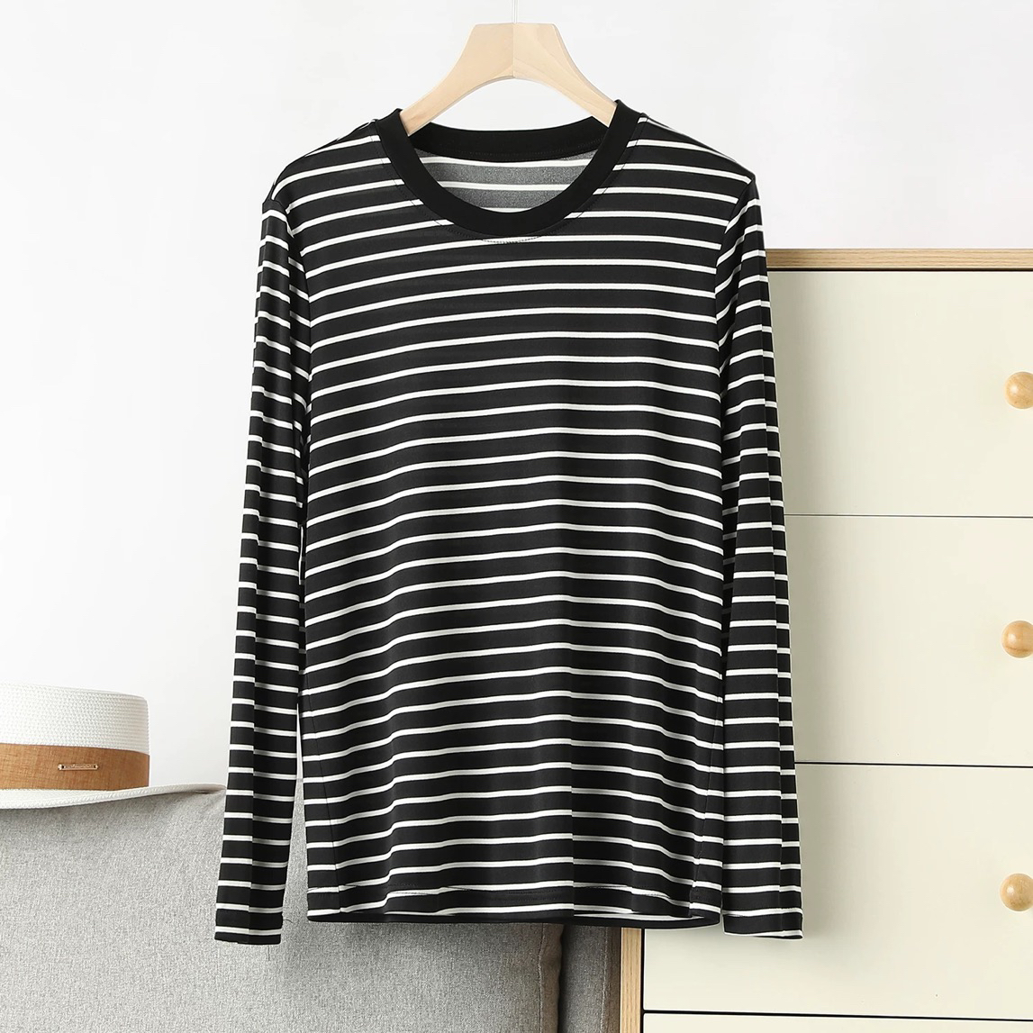 春新款100%桑蚕丝针织真丝条纹长袖T恤休闲宽松上衣女圆领打底衫