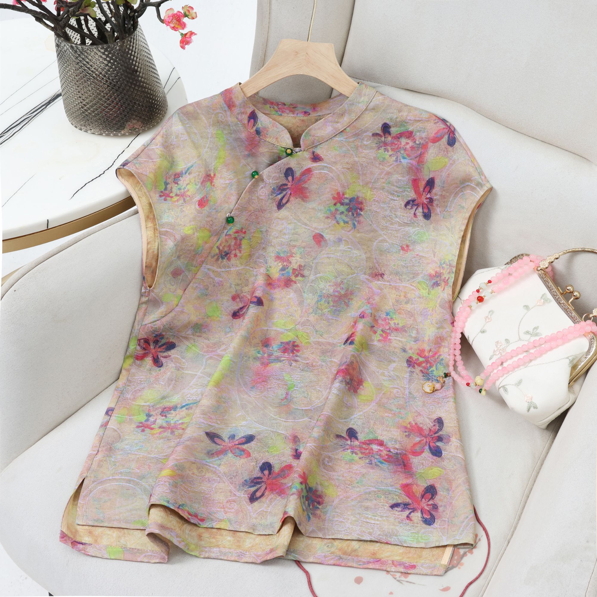 新中式时尚女装锦纶提花数码印花夏季薄款网红爆款小衫