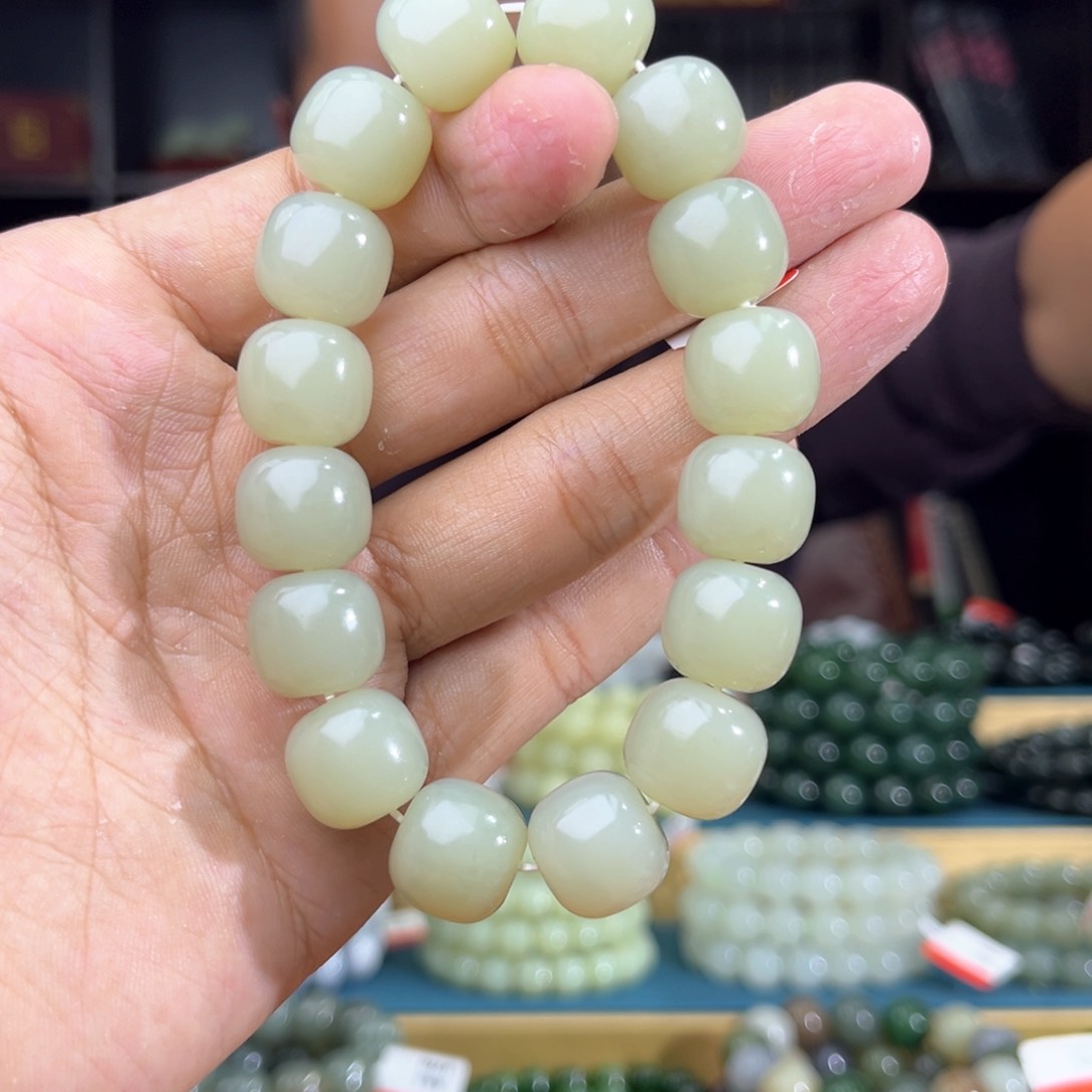 和田玉未镶嵌手串纯天然和田玉新疆且末山流水奶白蓝卡14