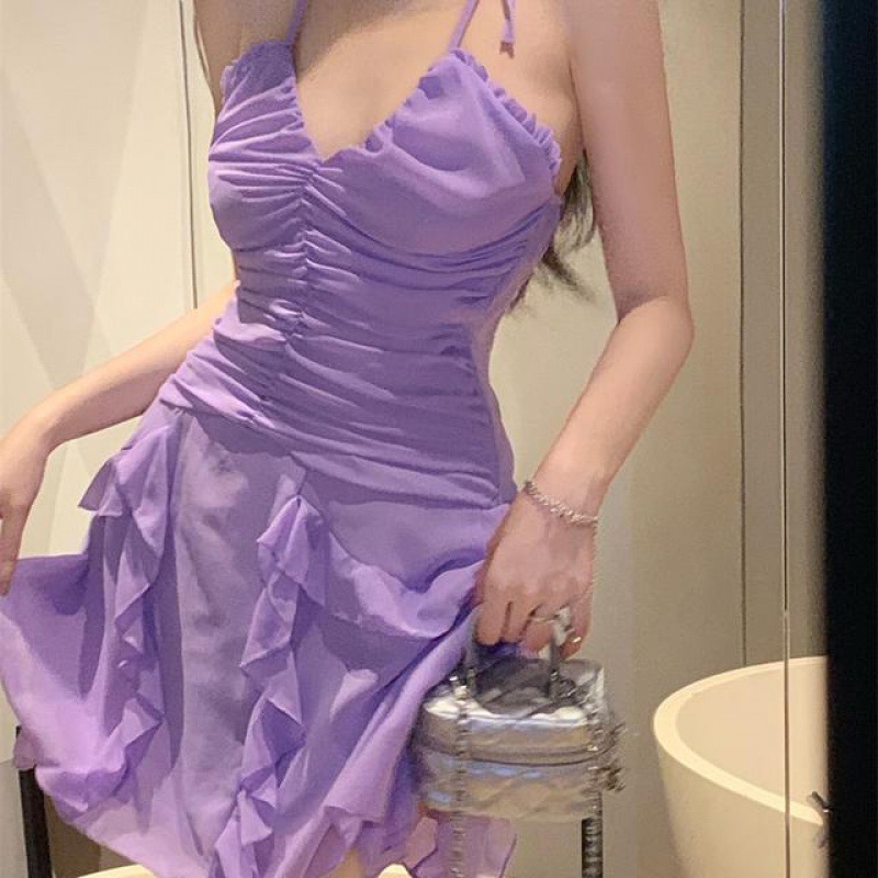 （允幼幼yoki)仙女裙法式裙子显瘦气质高腰夏季收腰修身紫色