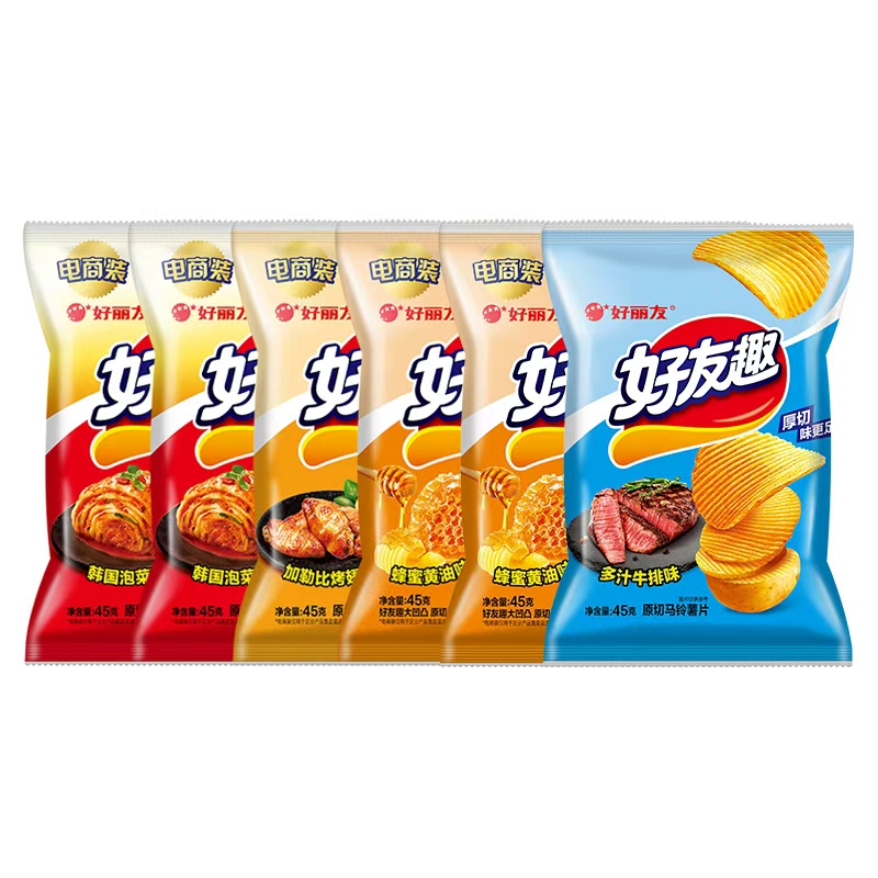 好丽友好友趣45gX6袋波浪厚切多口味薯片泡菜味黄油味酥脆零食