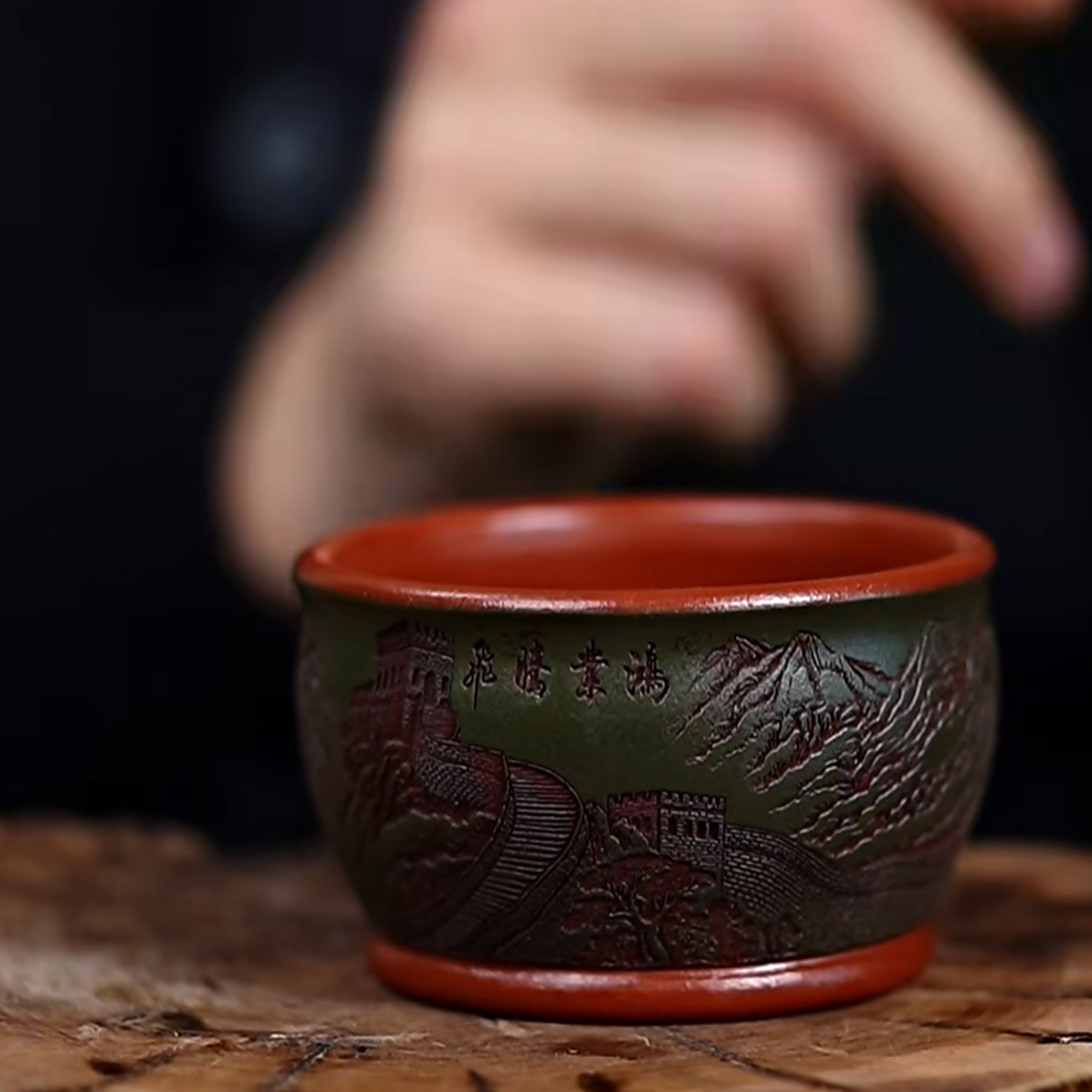 原矿紫砂纯手工刻绘长城朱泥粉浆绿泥沁园春雪战鼓茶具