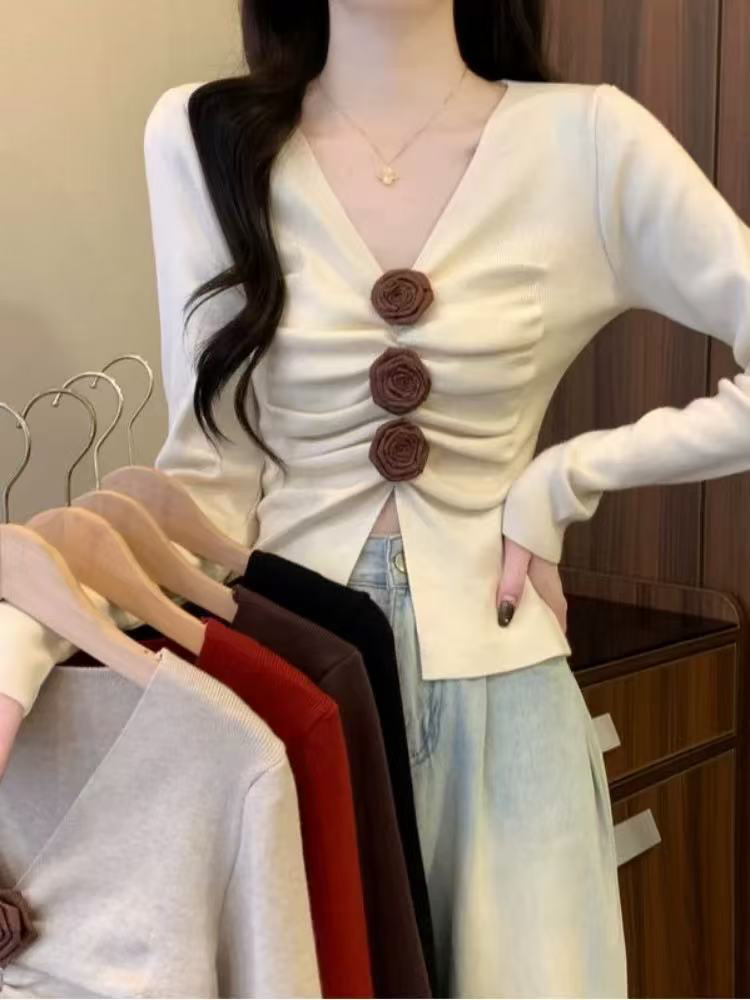 9长袖花朵水洗春季薄款女毛针织衫设计感上衣可露丽风