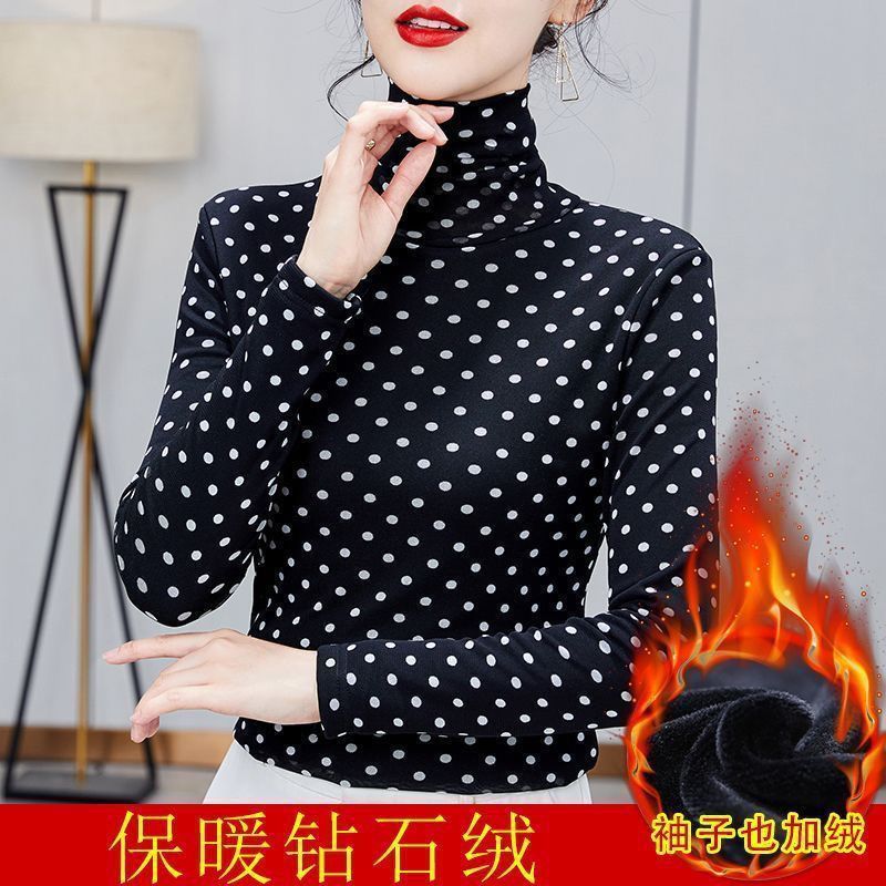 加绒长袖打底衫秋冬高领网纱波点保暖上衣印花高档洋气薄款小衫潮