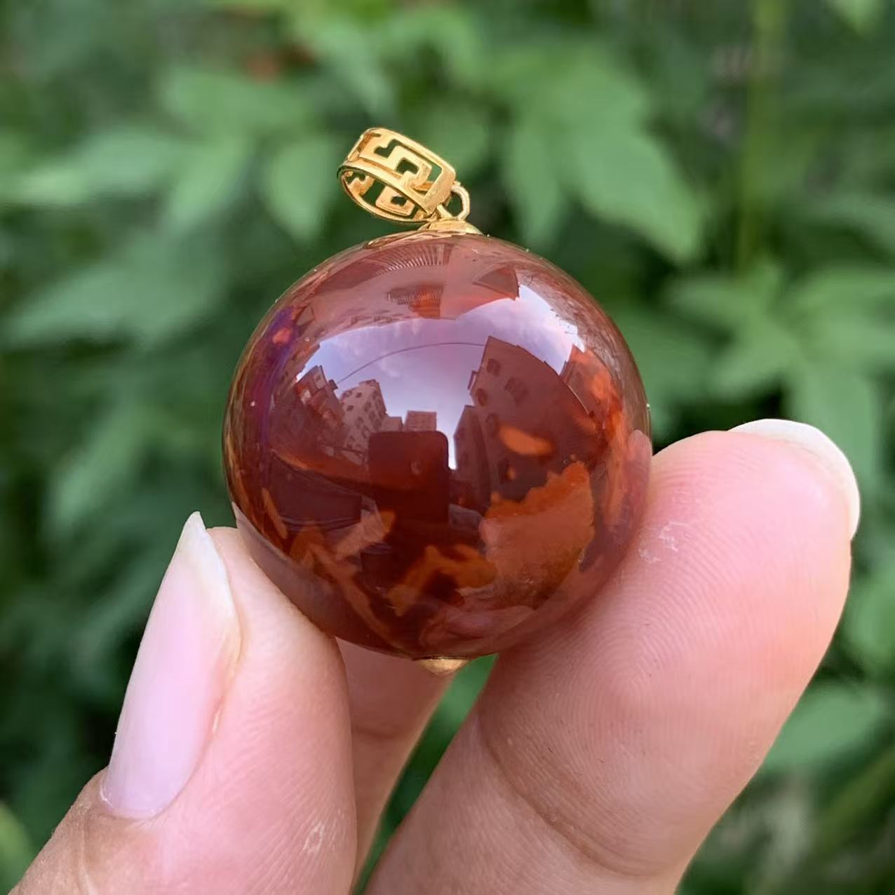 传承全品级  南红瓦西牛血妖花火焰纹圆珠吊坠 尺寸22.4mm 