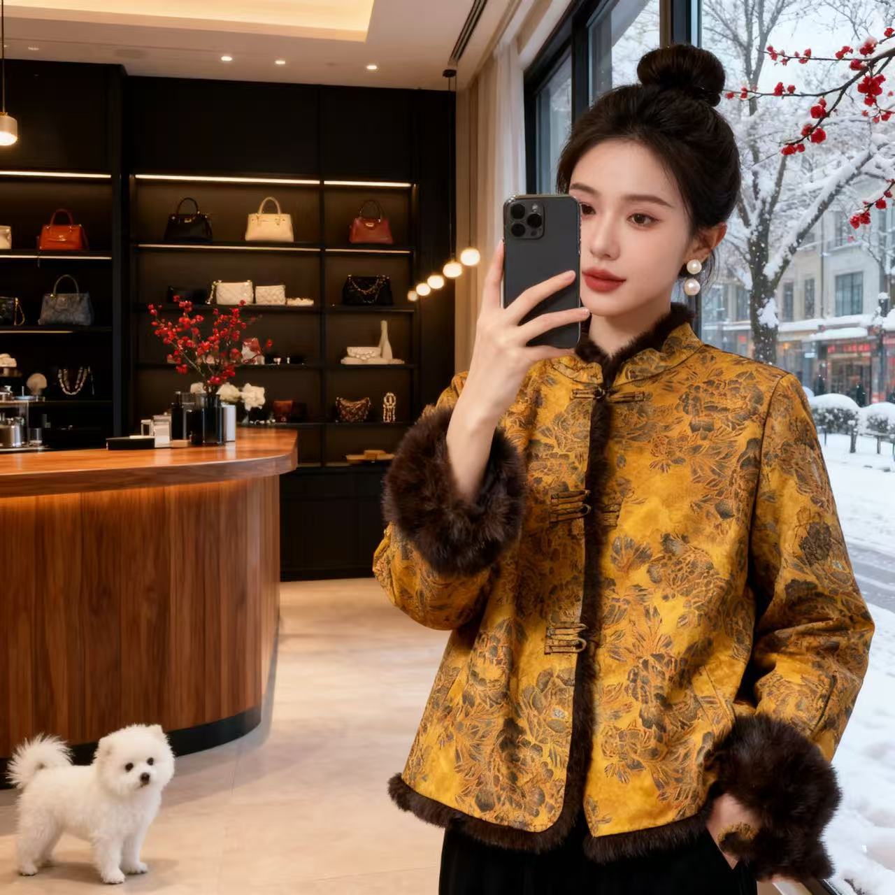 双面双穿新中式国风提花拼接毛毛外套复古皮草轻奢大衣