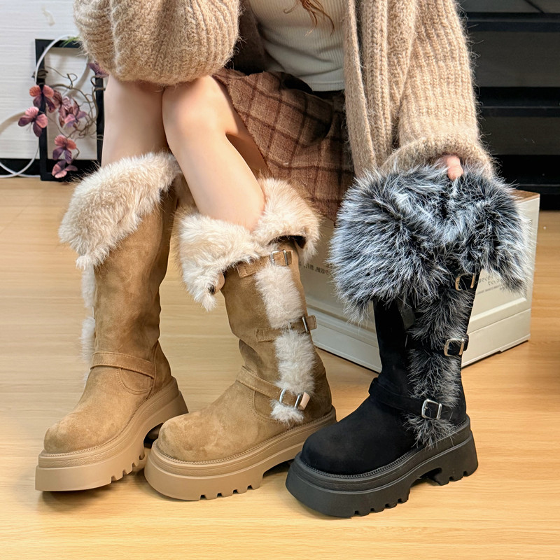 厚底雪地靴女2025年新款冬季加绒加厚复古小个子保暖高筒毛毛棉鞋