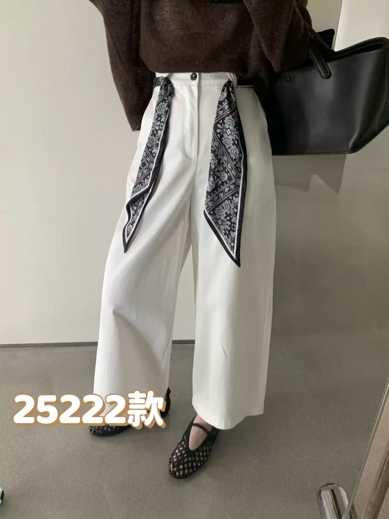 25222秋季高腰阔腿裤松紧腰带休闲裤潮流百搭韩版长裤白色