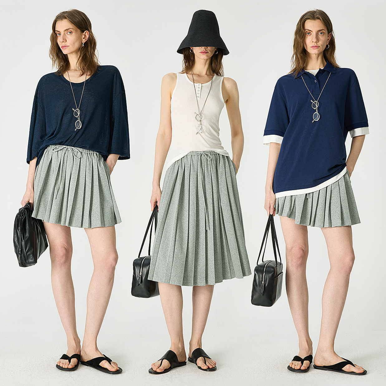 KEIGAN/开间夏季舒适弹力针织棉时髦百搭时尚抽绳A字百褶短裙