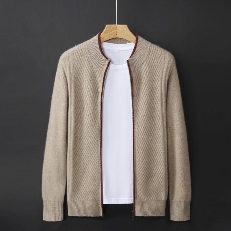 随性穿搭！秋冬新款男士半高领拉链羊绒开衫 拼色长袖加厚毛衣外套