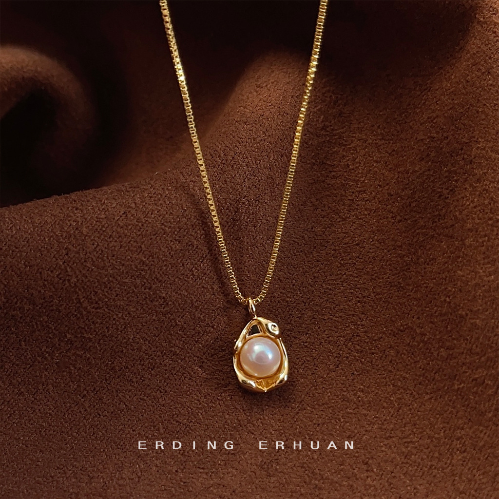 铜亚克力吊坠 法式蚕豆淡水珍珠项链镀14K金碗珍珠吊坠