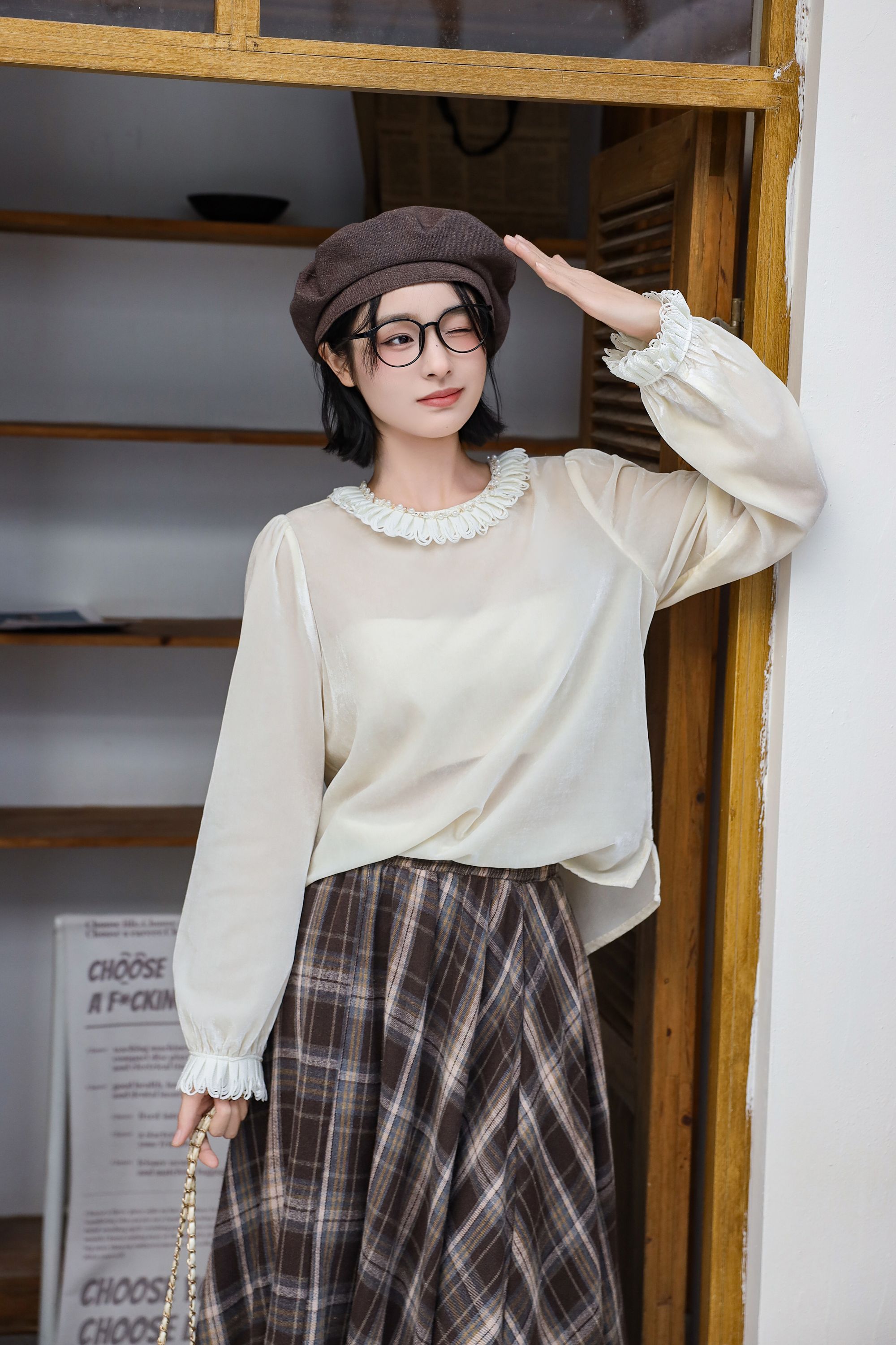 【钰姐精选】冰怡8866-复古丝绒长袖宽松圆领小衫法式小众甜美