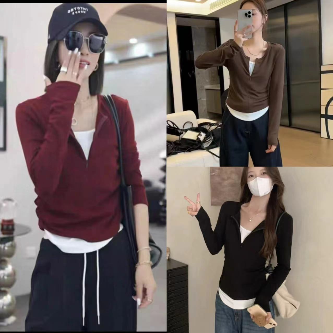 半拉链假两件打底衫女 秋冬新款拼接修身百搭燕尾撞色t长袖上衣女