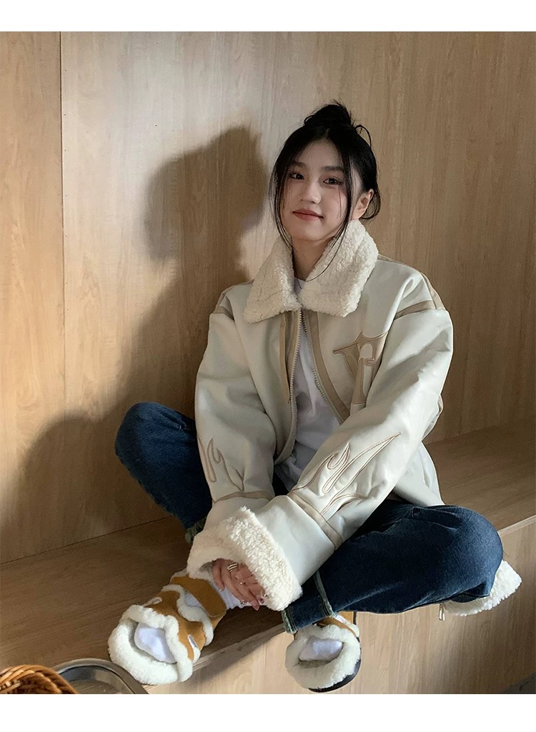 【MY212~机车皮】美式复古机车皮毛一体棉衣糕糕毛保暖情侣款皮棉袄