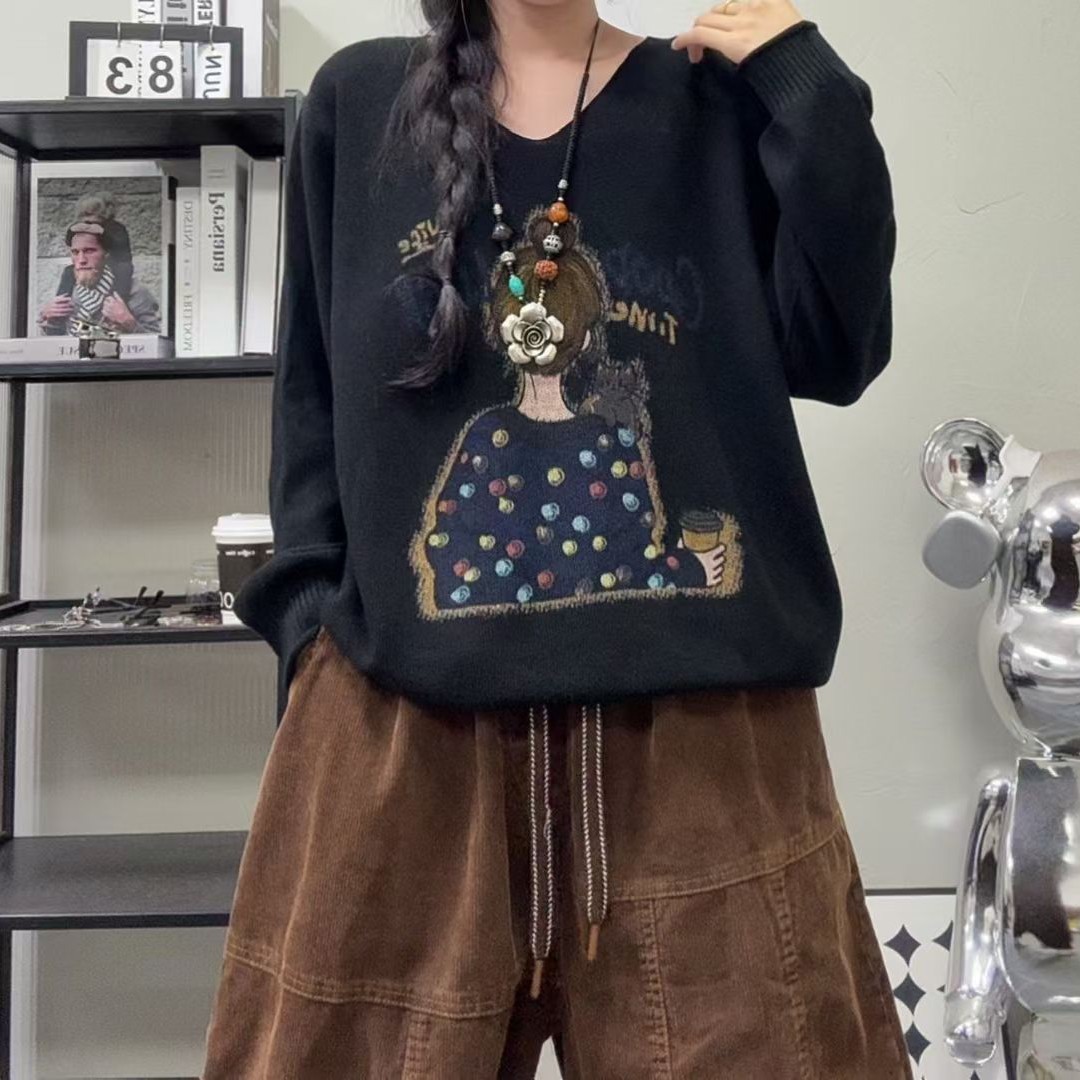 毛衣针织女印花毛针织衫薄款长袖慵懒风V领卡通宽松上衣女装
