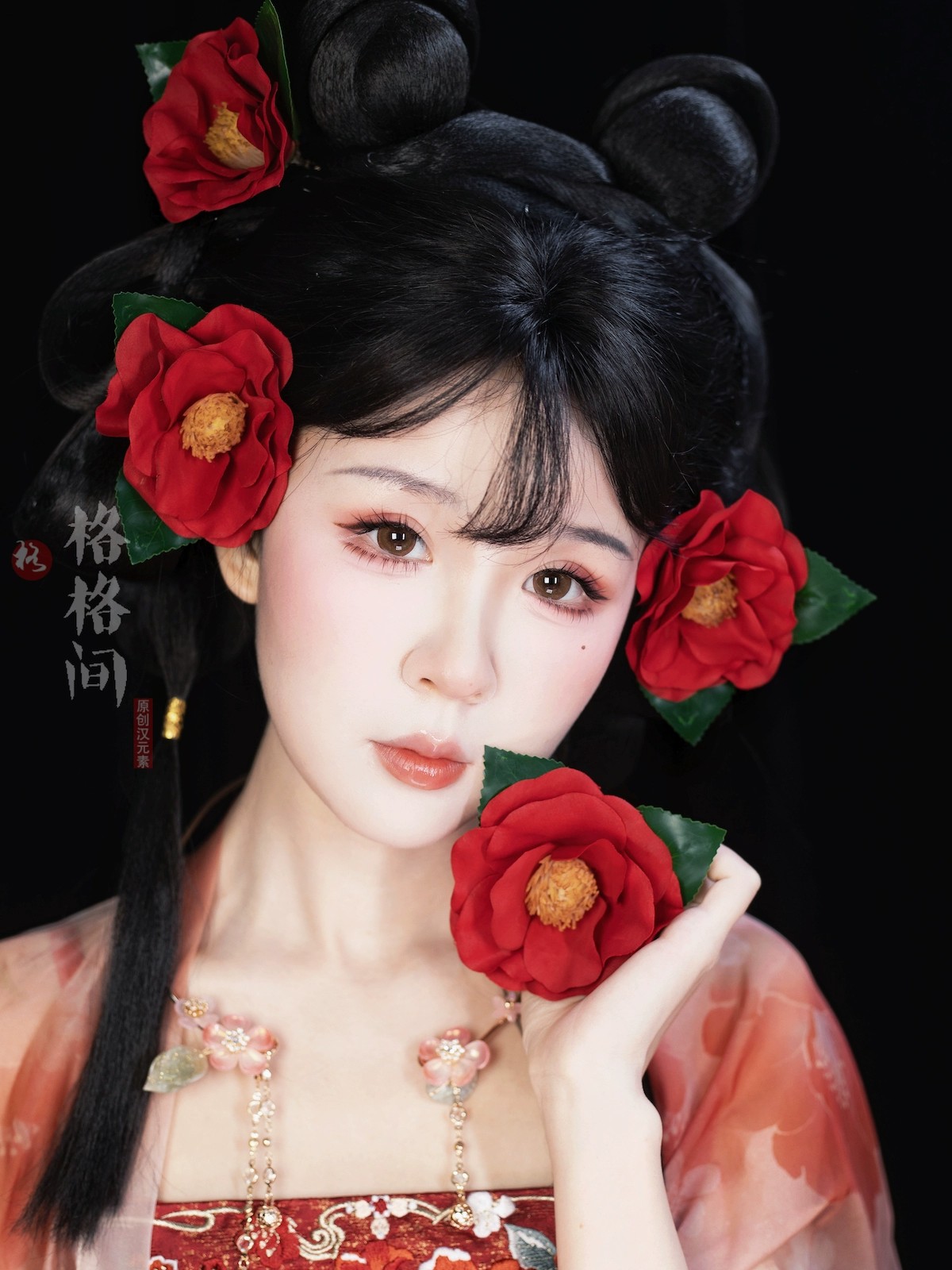 格格间原创【山茶花拟人】红色绢花发簪子珍珠花朵仙女汉服百搭古风